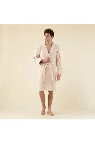Solid Unisex Bathrobe Beige-BEIGE - 3