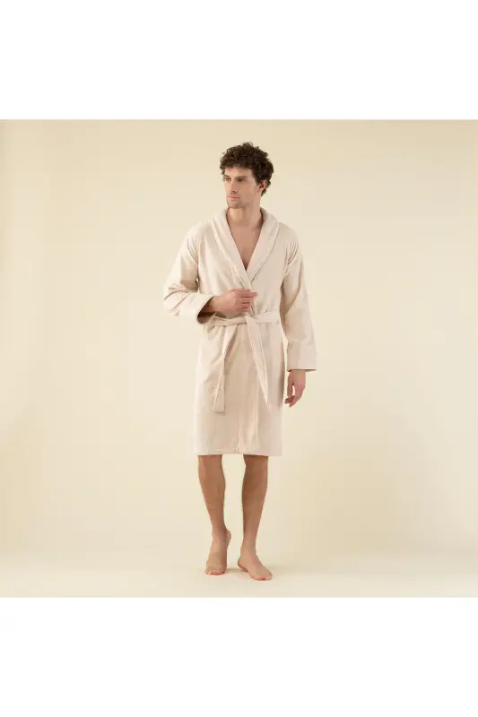 Solid Unisex Bathrobe Beige-BEIGE - 3