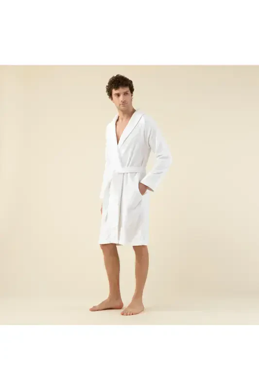 Solid Unisex Bathrobe White-WHITE - 3