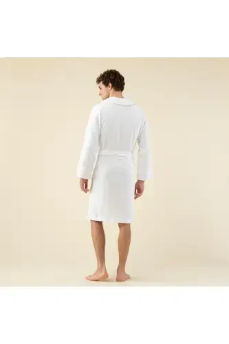 Solid Unisex Bathrobe White-WHITE - 4