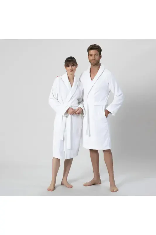 Solid Unisex Bathrobe White-WHITE - 5