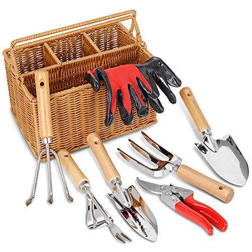 SOLIGT Gardening Hand Tools with Basket – Garden Tool Set with Pruning Shears, Cultivator, Gloves – Heavy-Duty Stainless Steel Gardening Tools with Wood Handle – Gardening Gifts for women men - 1