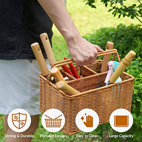 SOLIGT Gardening Hand Tools with Basket – Garden Tool Set with Pruning Shears, Cultivator, Gloves – Heavy-Duty Stainless Steel Gardening Tools with Wood Handle – Gardening Gifts for women men - 4