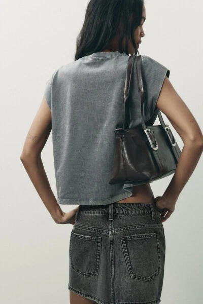 SOLUK EFEKTLİ KOLSUZ T-SHIRT-Koyu gri - 4