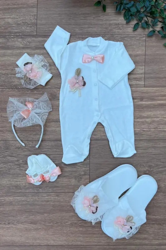 Somon Anne Bebek Lohusa Set Tulumlu Çiçekli (KUTUSUZ) (DÜZ TÜLLÜ) - Somon - CHERUB BABY