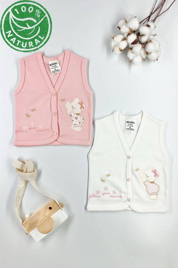 Somon colored, 2-piece cotton baby vest for 3-6-9 month babies. Bear embroidered, organic cotton. - 5