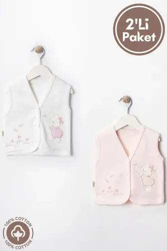 Somon colored, 2-piece cotton baby vest for 3-6-9 month babies. Bear embroidered, organic cotton. - 1