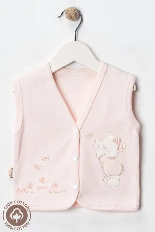 Somon colored, 2-piece cotton baby vest for 3-6-9 month babies. Bear embroidered, organic cotton. - 2