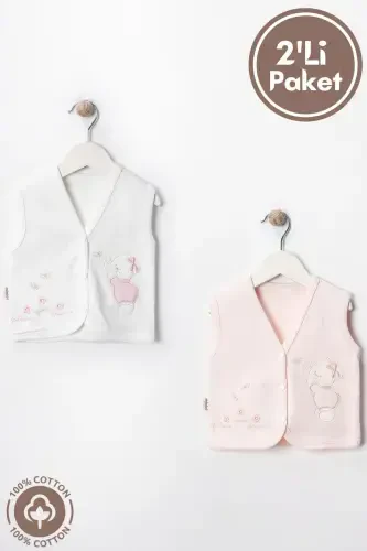 Somon colored, 2-piece cotton baby vest for 3-6-9 month babies. Bear embroidered, organic cotton. - 1