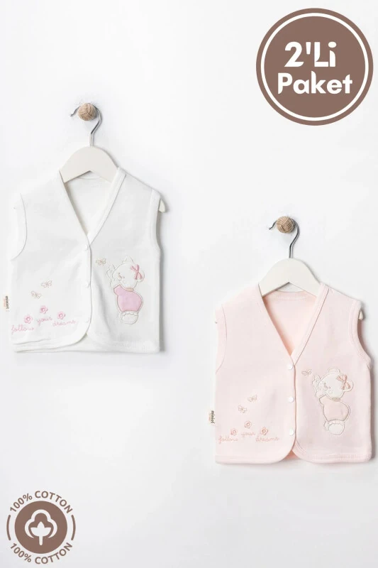 Somon colored, 2-piece cotton baby vest for 3-6-9 month babies. Bear embroidered, organic cotton. - 1