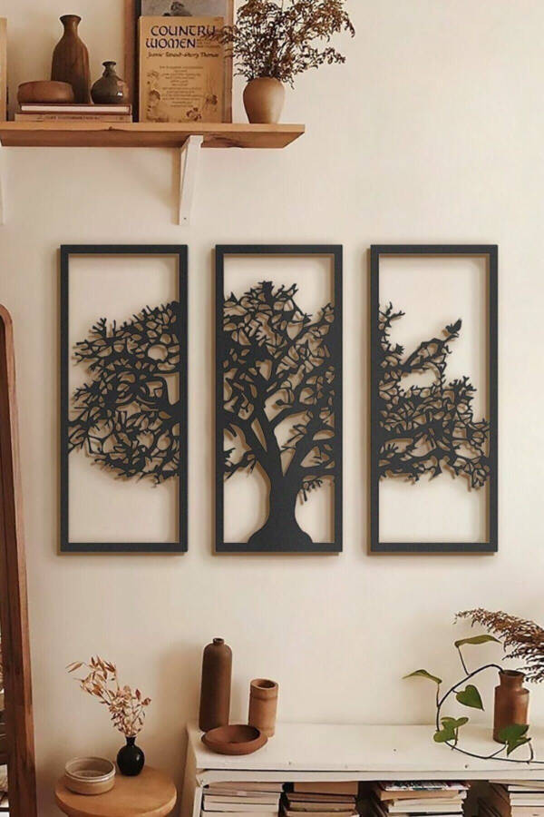 Son Bahar 3'lü Siyah Çınar Ağacı Ahşap Tablo 33x13cm Dekorasyon Salon Ofis Tasarım Leaf Dekoratif - Siyah - 6