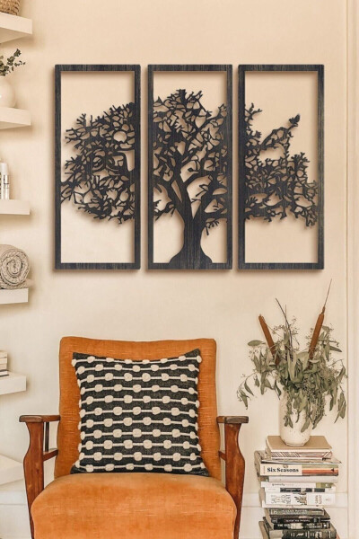 Son Bahar 3'lü Siyah Çınar Ağacı Ahşap Tablo 33x13cm Dekorasyon Salon Ofis Tasarım Leaf Dekoratif - Siyah - GENEL MARKALAR