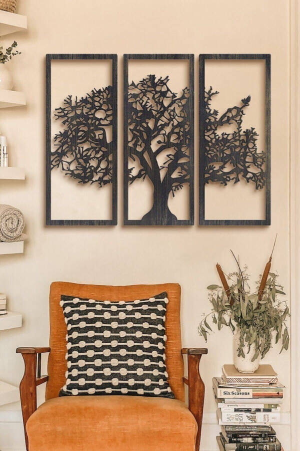 Son Bahar 3'lü Siyah Çınar Ağacı Ahşap Tablo 33x13cm Dekorasyon Salon Ofis Tasarım Leaf Dekoratif - Siyah - 1