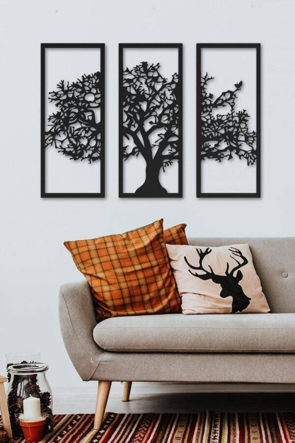 Son Bahar 3'lü Siyah Çınar Ağacı Ahşap Tablo 33x13cm Dekorasyon Salon Ofis Tasarım Leaf Dekoratif - Siyah - 2
