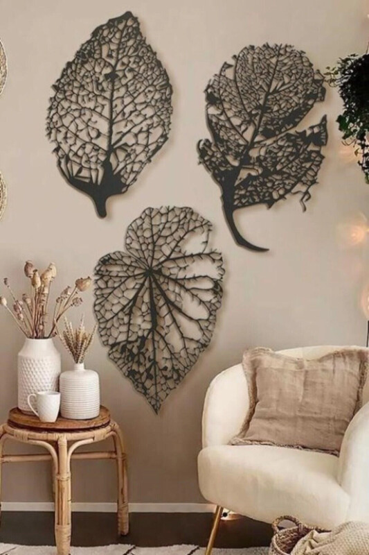Son Bahar 3'lü Siyah Yaprak Ahşap Tablo Büyük Boy Dekorasyon Salon Ofis Şık Tasarım Leaf Dekoratif - GENEL MARKALAR