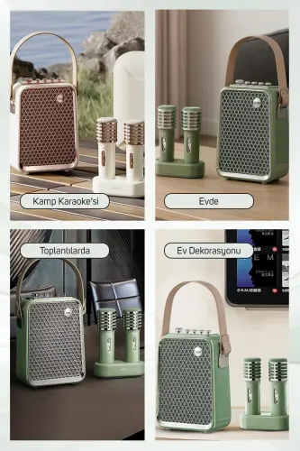 SongBird-HQ Çift Karaoke Mikrofonlu 6 Ses Efektli 50 Watt Taşınabilir Bluetooth Hoparlör - Yeşil - 5