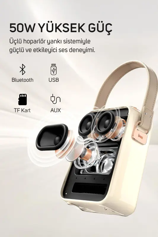 SongBird-HQ Çift Karaoke Mikrofonlu 6 Ses Efektli 50 Watt Taşınabilir Bluetooth Hoparlör-Beyaz - 2