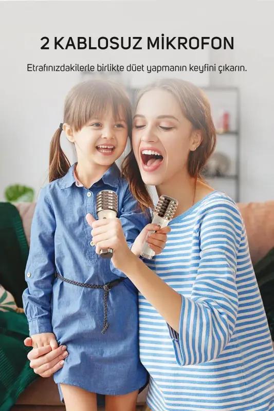 SongBird-HQ Çift Karaoke Mikrofonlu 6 Ses Efektli 50 Watt Taşınabilir Bluetooth Hoparlör-Beyaz - 3