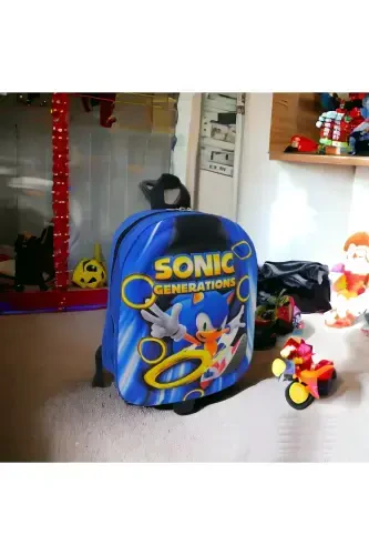 Sonic Generations Anaokulu Kreş Çocuk Valiz Sırt Çantası Çekçekli Sonic Tekerlekli-Lacivert Mix - 3