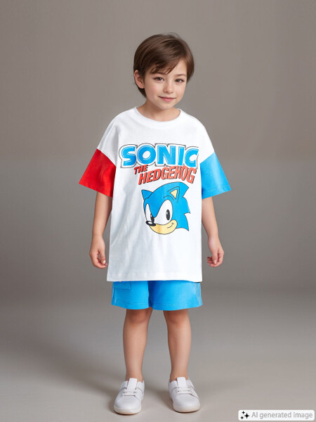 Sonic Printed Baby Boy T-Shirt and Shorts 2-Piece Set with Crew Neck and Short Sleeves - 1