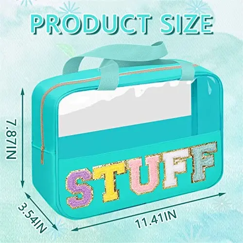 Chenille Letter Patch Stuff Bag, Preppy Clear Makeup Cosmetic Bag Large Toiletry Storage Tote Bag with Handle, Transparent Nylon Waterproof Organizer Zipper Pouch for Travel Women Girls(Green) - 2