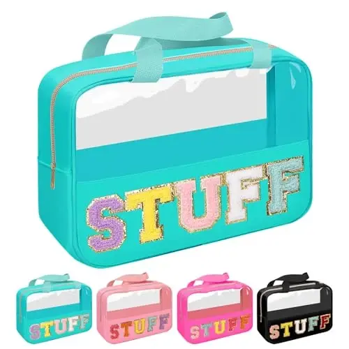 Chenille Letter Patch Stuff Bag, Preppy Clear Makeup Cosmetic Bag Large Toiletry Storage Tote Bag with Handle, Transparent Nylon Waterproof Organizer Zipper Pouch for Travel Women Girls(Green) 