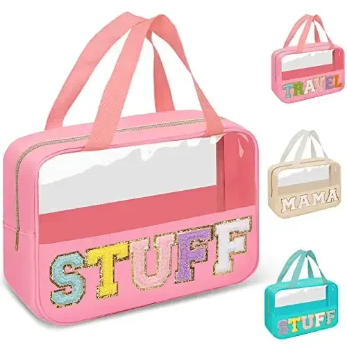 Preppy Clear Stuff Makeup Bags with Chenille Letter Patches, Travel Essentials Large Clear Make up Bag Zipper Pouch with Handle, Waterproof Nylon Cosmetic Toiletry Storage Tote for Women (STUFF-Pink) - PREPPY