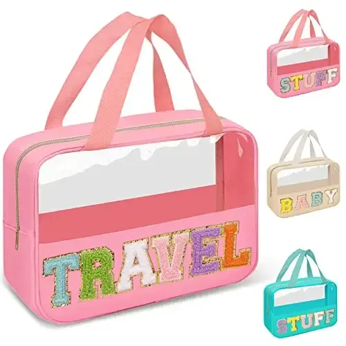 Preppy Clear Travel Makeup Bags with Chenille Letter Patches, Travel Essentials Large Clear Make up Bag Zipper Pouch with Handle, Waterproof Nylon Cosmetic Toiletry Storage Tote for Women(TRAVEL-Pink) - PREPPY (1)