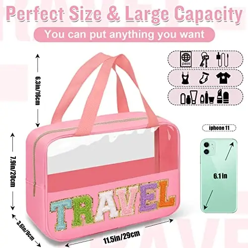 Preppy Clear Travel Makeup Bags with Chenille Letter Patches, Travel Essentials Large Clear Make up Bag Zipper Pouch with Handle, Waterproof Nylon Cosmetic Toiletry Storage Tote for Women(TRAVEL-Pink) - 3