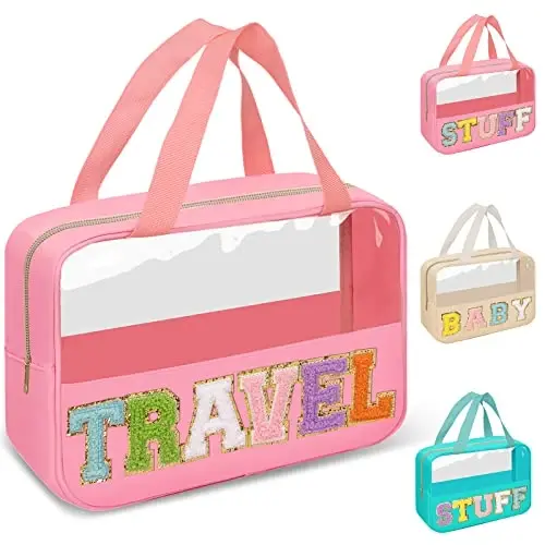 Preppy Clear Travel Makeup Bags with Chenille Letter Patches, Travel Essentials Large Clear Make up Bag Zipper Pouch with Handle, Waterproof Nylon Cosmetic Toiletry Storage Tote for Women(TRAVEL-Pink) - PREPPY (1)