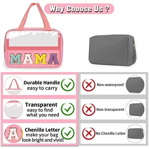 Chenille Letter Clear Makeup Bags Mama Tote, Preppy Patch Makeup Bag Zipper with Handle, Waterproof PVC & Nylon Portable Glitter Large Cosmetic Travel Toiletry Storage Bag for Women Girls(MAMA-Pink) - 4