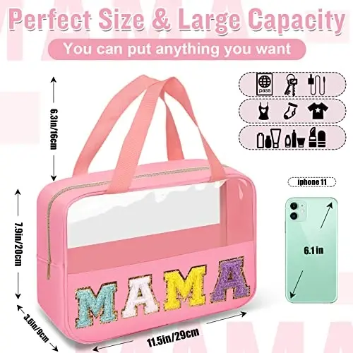 Chenille Letter Clear Makeup Bags Mama Tote, Preppy Patch Makeup Bag Zipper with Handle, Waterproof PVC & Nylon Portable Glitter Large Cosmetic Travel Toiletry Storage Bag for Women Girls(MAMA-Pink) - 2