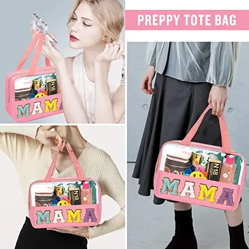 Chenille Letter Clear Makeup Bags Mama Tote, Preppy Patch Makeup Bag Zipper with Handle, Waterproof PVC & Nylon Portable Glitter Large Cosmetic Travel Toiletry Storage Bag for Women Girls(MAMA-Pink) - 5
