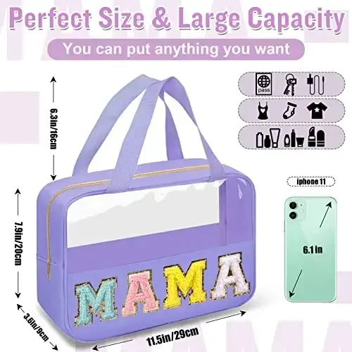 Chenille Letter Clear Makeup Bags Mama Tote, Preppy Patch Makeup Bag Zipper with Handle, Waterproof PVC & Nylon Portable Glitter Large Cosmetic Travel Toiletry Storage Bag for Women Girls(MAMA-Purple) - 3