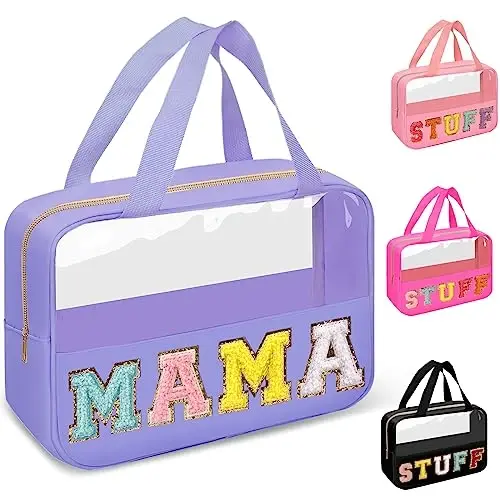 Chenille Letter Clear Makeup Bags Mama Tote, Preppy Patch Makeup Bag Zipper with Handle, Waterproof PVC & Nylon Portable Glitter Large Cosmetic Travel Toiletry Storage Bag for Women Girls(MAMA-Purple) - 2