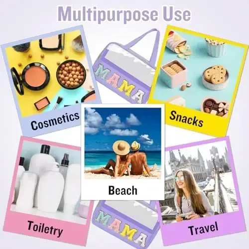 Chenille Letter Clear Makeup Bags Mama Tote, Preppy Patch Makeup Bag Zipper with Handle, Waterproof PVC & Nylon Portable Glitter Large Cosmetic Travel Toiletry Storage Bag for Women Girls(MAMA-Purple) 