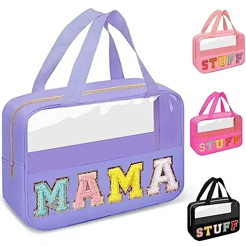 Chenille Letter Clear Makeup Bags Mama Tote, Preppy Patch Makeup Bag Zipper with Handle, Waterproof PVC & Nylon Portable Glitter Large Cosmetic Travel Toiletry Storage Bag for Women Girls(MAMA-Purple) - CHENILLE (1)