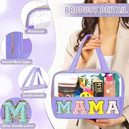 Chenille Letter Clear Makeup Bags Mama Tote, Preppy Patch Makeup Bag Zipper with Handle, Waterproof PVC & Nylon Portable Glitter Large Cosmetic Travel Toiletry Storage Bag for Women Girls(MAMA-Purple) - 4