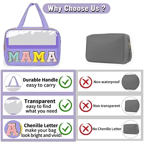 Chenille Letter Clear Makeup Bags Mama Tote, Preppy Patch Makeup Bag Zipper with Handle, Waterproof PVC & Nylon Portable Glitter Large Cosmetic Travel Toiletry Storage Bag for Women Girls(MAMA-Purple) - 5