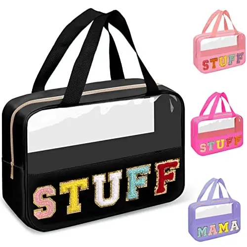 Chenille Letter Clear Makeup Bags Stuff Tote, Preppy Patch Makeup Bag Zipper with Handle, Waterproof PVC & Nylon Portable Glitter Large Cosmetic Travel Toiletry Storage for Women Girls(STUFF-Black) - CHENILLE