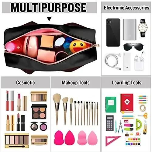 Chenille Letter Clear Makeup Bags Stuff Tote, Preppy Patch Makeup Bag Zipper with Handle, Waterproof PVC & Nylon Portable Glitter Large Cosmetic Travel Toiletry Storage for Women Girls(STUFF-Black) - 6