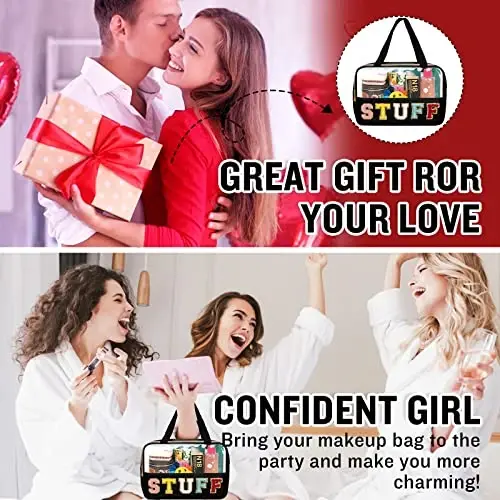 Chenille Letter Clear Makeup Bags Stuff Tote, Preppy Patch Makeup Bag Zipper with Handle, Waterproof PVC & Nylon Portable Glitter Large Cosmetic Travel Toiletry Storage for Women Girls(STUFF-Black) - 7