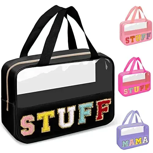 Chenille Letter Clear Makeup Bags Stuff Tote, Preppy Patch Makeup Bag Zipper with Handle, Waterproof PVC & Nylon Portable Glitter Large Cosmetic Travel Toiletry Storage for Women Girls(STUFF-Black) 