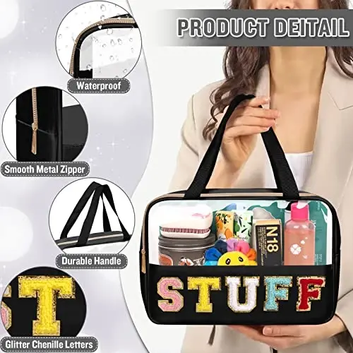 Chenille Letter Clear Makeup Bags Stuff Tote, Preppy Patch Makeup Bag Zipper with Handle, Waterproof PVC & Nylon Portable Glitter Large Cosmetic Travel Toiletry Storage for Women Girls(STUFF-Black) - 3