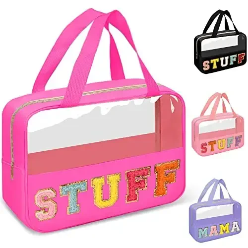 Chenille Letter Clear Makeup Bags Stuff Tote, Preppy Patch Makeup Bag Zipper with Handle, Waterproof PVC & Nylon Portable Glitter Large Cosmetic Travel Toiletry Storage for Women Girls(STUFF-Rose) 