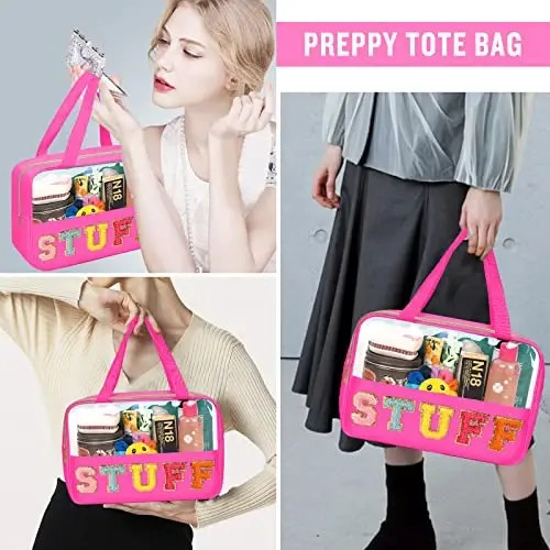 Chenille Letter Clear Makeup Bags Stuff Tote, Preppy Patch Makeup Bag Zipper with Handle, Waterproof PVC & Nylon Portable Glitter Large Cosmetic Travel Toiletry Storage for Women Girls(STUFF-Rose) - 5