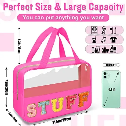 Chenille Letter Clear Makeup Bags Stuff Tote, Preppy Patch Makeup Bag Zipper with Handle, Waterproof PVC & Nylon Portable Glitter Large Cosmetic Travel Toiletry Storage for Women Girls(STUFF-Rose) - 2