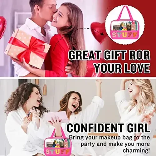 Chenille Letter Clear Makeup Bags Stuff Tote, Preppy Patch Makeup Bag Zipper with Handle, Waterproof PVC & Nylon Portable Glitter Large Cosmetic Travel Toiletry Storage for Women Girls(STUFF-Rose) - 7