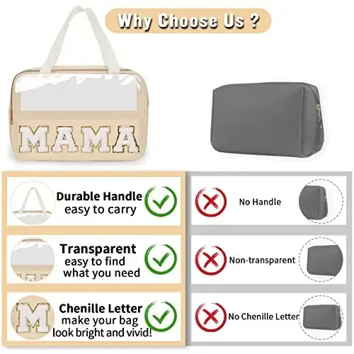 Preppy Clear Mama Makeup Bags with Chenille Letter Patches, Travel Essentials Large Clear Make up Bag Zipper Pouch with Handle, Waterproof Nylon Cosmetic Toiletry Storage Tote for Women (MAMA-Beige) - 1