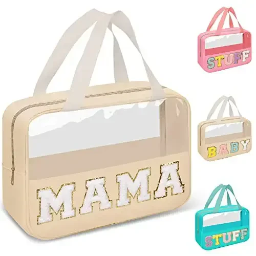 Preppy Clear Mama Makeup Bags with Chenille Letter Patches, Travel Essentials Large Clear Make up Bag Zipper Pouch with Handle, Waterproof Nylon Cosmetic Toiletry Storage Tote for Women (MAMA-Beige) - 3